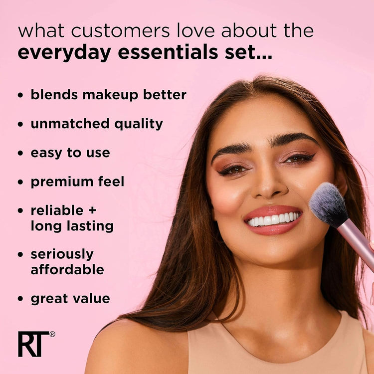 5 Piece Everyday Essentials Makeup Brush Set, Includes 4 Brushes & Makeup Sponge, for Foundation, Blush, Bronzer, Contour, Eyeshadow, & Powder, Travel Gift Set, Cruelty-Free & Vegan