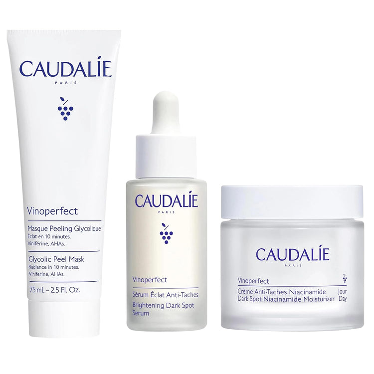 Caudalie Vinoperfect Brightening Trio, Vinoperfect Dark Spot Serum Vitamin C Alternative 30 Ml, Dark Spot Brightening Moisturizer with Niacinamide 50 Ml, and Glycolic Peel Mask 75 Ml