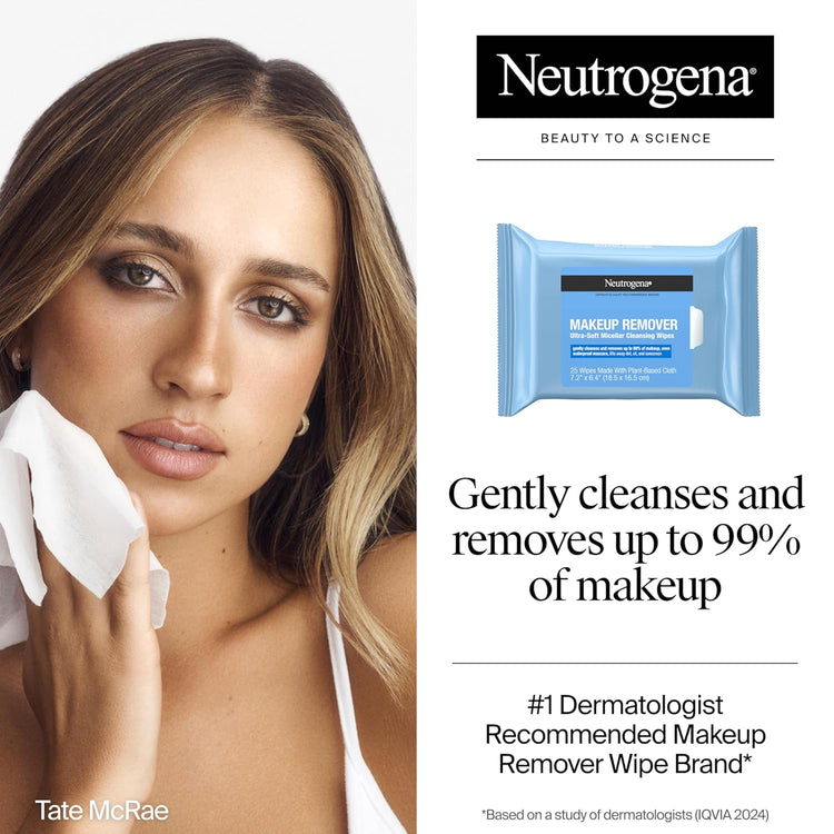 Makeup Remover Wipes, Ultra-Soft Cleansing Facial Towelettes for Waterproof Makeup, Alcohol-Free, Plant-Based, 50 Count (2 Packs of 25)
