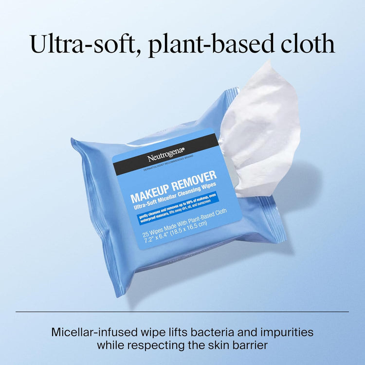 Makeup Remover Wipes, Ultra-Soft Cleansing Facial Towelettes for Waterproof Makeup, Alcohol-Free, Plant-Based, 50 Count (2 Packs of 25)
