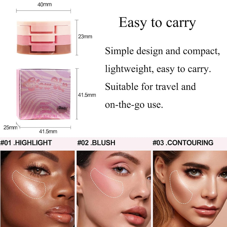 3-In-1 Blendable Trio, Contour and Highlight Blush Makeup Palette, Cream Bronzer, Silky Smooth Powder Blush, Shimmer Highlighter Makeup Powder, Travel-Friendly Stackable Make up Kit with Mirror(01)