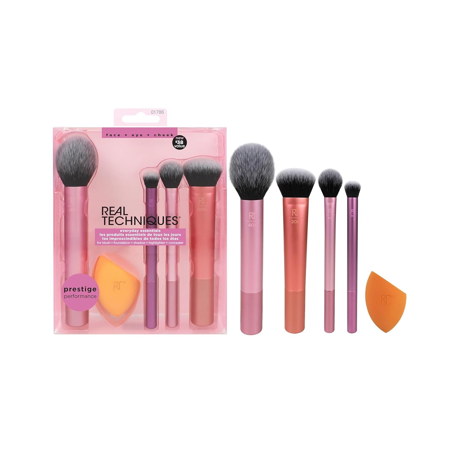 5 Piece Everyday Essentials Makeup Brush Set, Includes 4 Brushes & Makeup Sponge, for Foundation, Blush, Bronzer, Contour, Eyeshadow, & Powder, Travel Gift Set, Cruelty-Free & Vegan