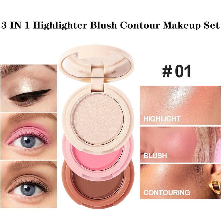 3-In-1 Blendable Trio, Contour and Highlight Blush Makeup Palette, Cream Bronzer, Silky Smooth Powder Blush, Shimmer Highlighter Makeup Powder, Travel-Friendly Stackable Make up Kit with Mirror(01)