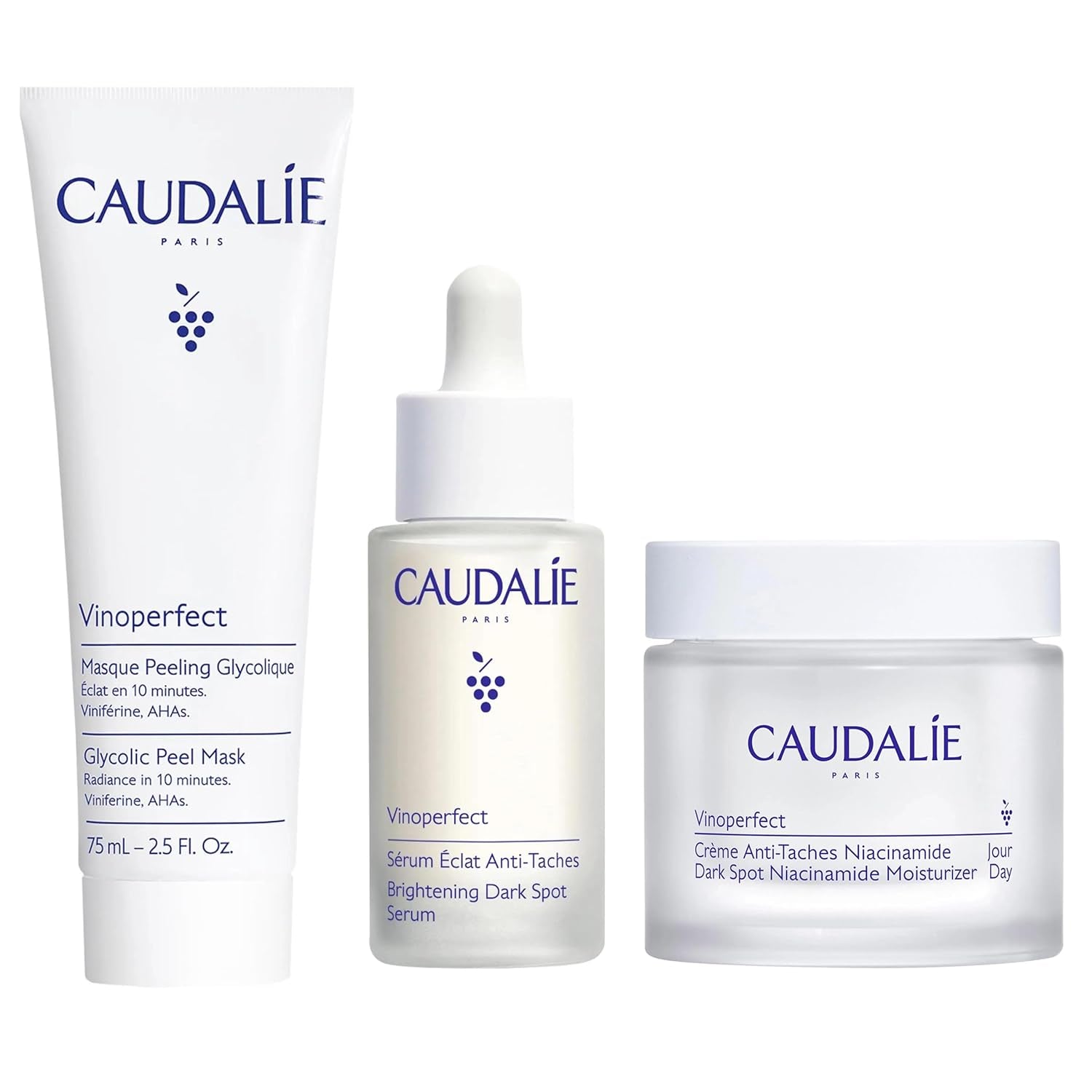 Caudalie Vinoperfect Brightening Trio, Vinoperfect Dark Spot Serum Vitamin C Alternative 30 Ml, Dark Spot Brightening Moisturizer with Niacinamide 50 Ml, and Glycolic Peel Mask 75 Ml