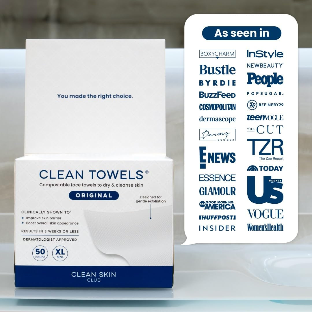 Clean Towels XL™, 100% USDA Biobased Face Towel, Disposable Face Towelette, Eczema Association Accepted, Makeup Remover Dry Wipes, Ultra Soft, 100 Ct, 2 Pack