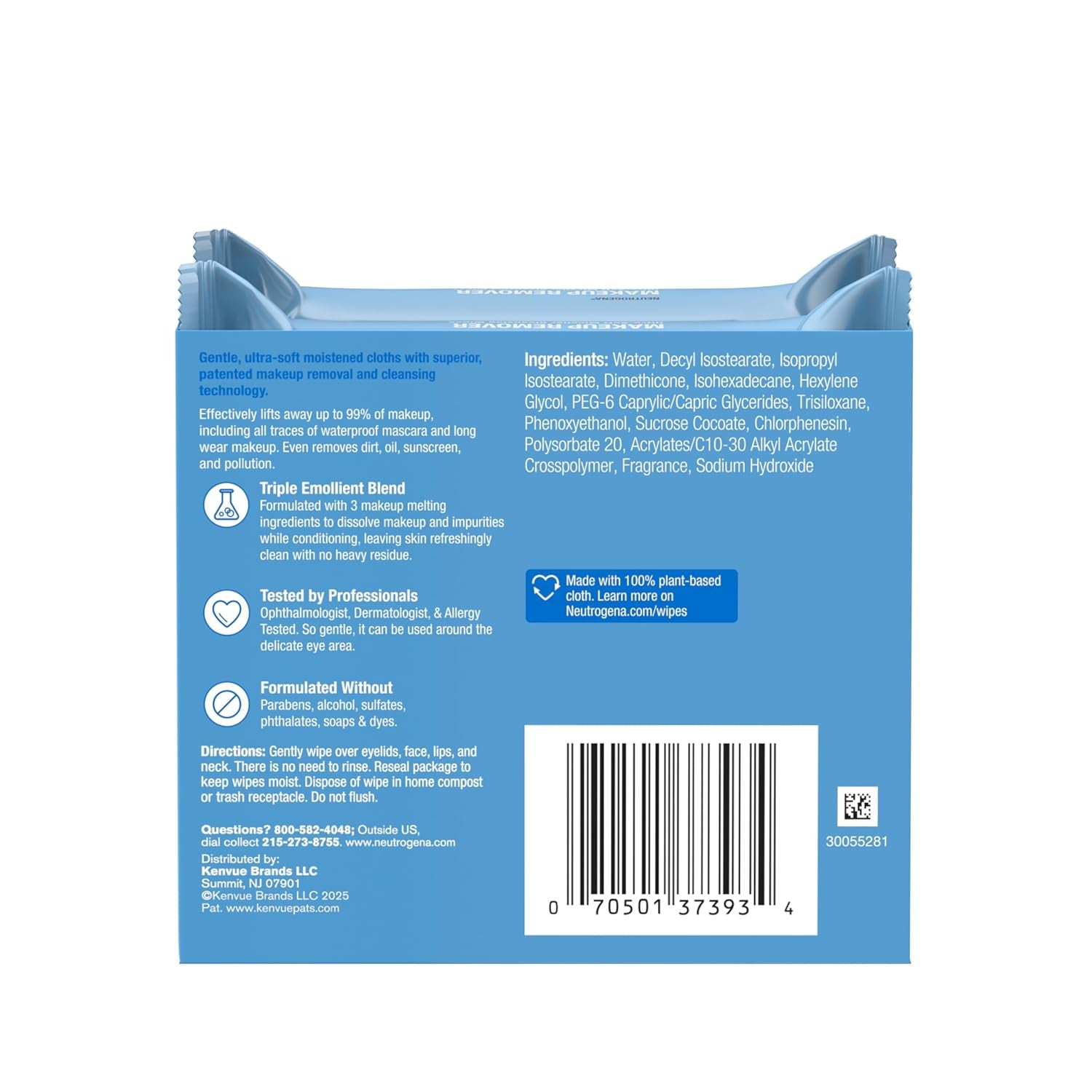 Makeup Remover Wipes, Ultra-Soft Cleansing Facial Towelettes for Waterproof Makeup, Alcohol-Free, Plant-Based, 50 Count (2 Packs of 25)