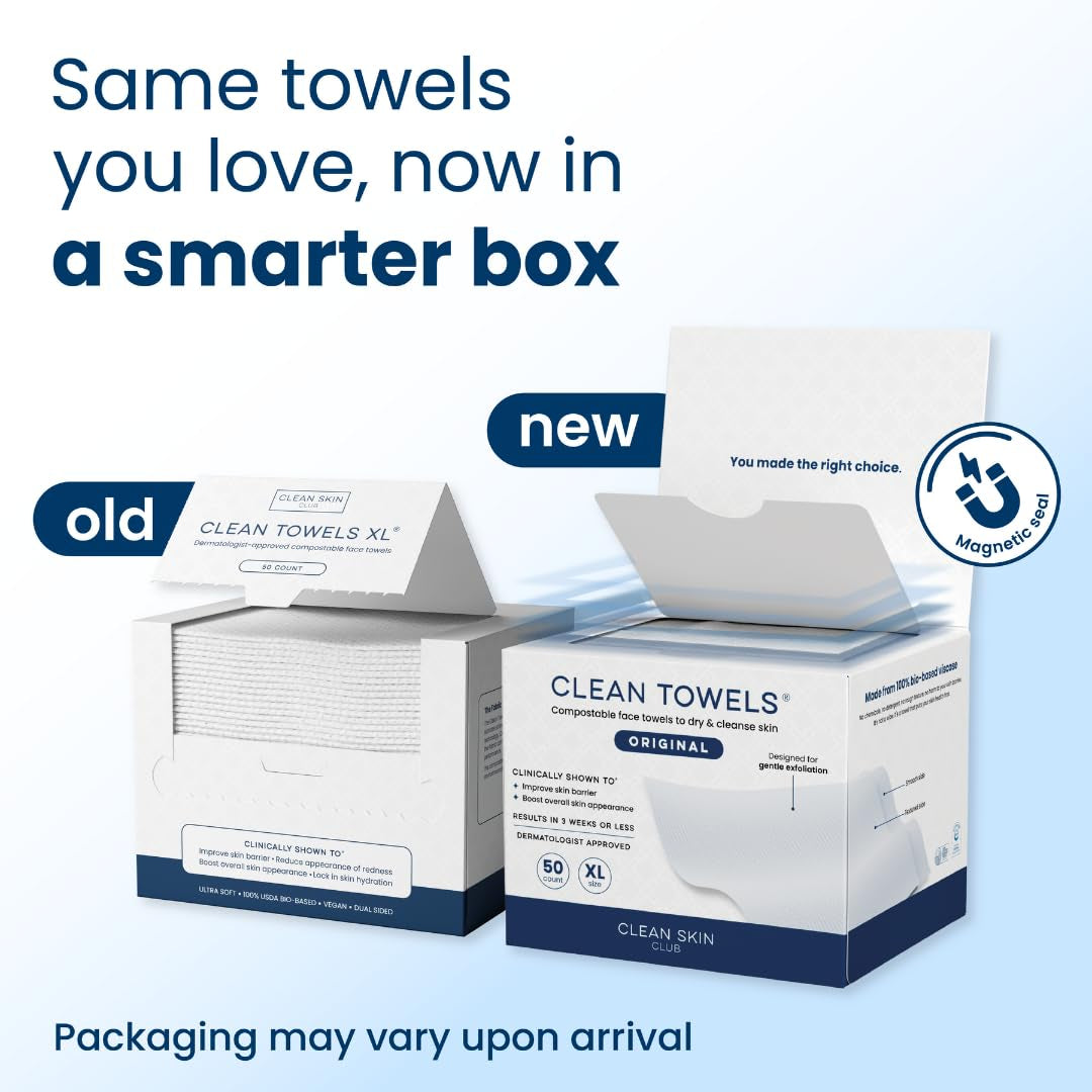 Clean Towels XL™, 100% USDA Biobased Face Towel, Disposable Face Towelette, Eczema Association Accepted, Makeup Remover Dry Wipes, Ultra Soft, 100 Ct, 2 Pack