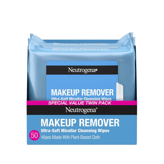 Makeup Remover Wipes, Ultra-Soft Cleansing Facial Towelettes for Waterproof Makeup, Alcohol-Free, Plant-Based, 50 Count (2 Packs of 25)